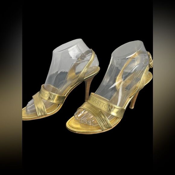 Rare Louis Vuitton Gold Slingback Sandals w/3.5” Stacked Wood Heel Size 38/US 7 - Picture 7 of 15